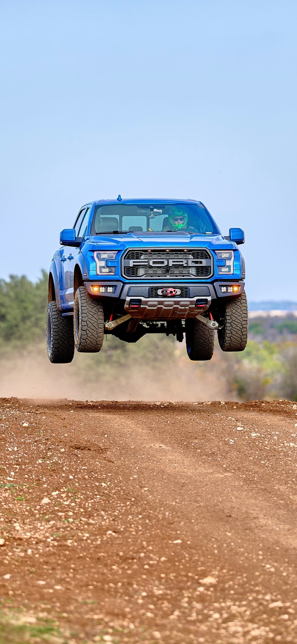 Ford Raptor full send jump front view